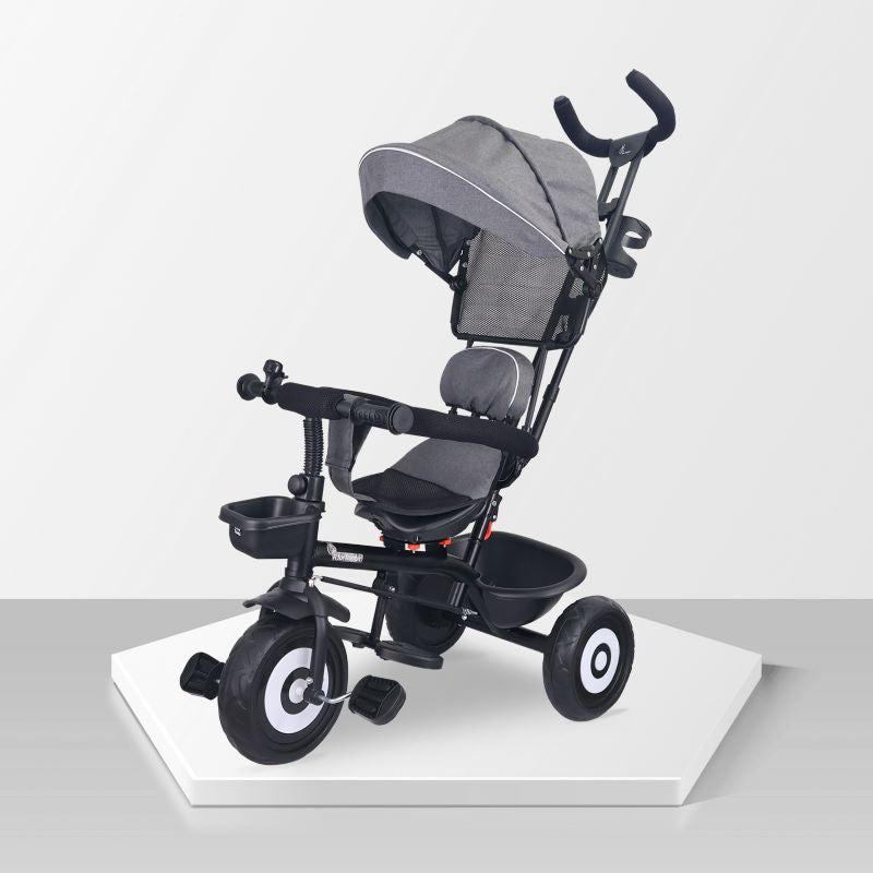 Tiny Toes T40 Ace Tricycle - EVA Wheels, 360 Rotatable Seat, Adjustable Canopy, Parental Control, Front & Rear Baskets - Grey Black