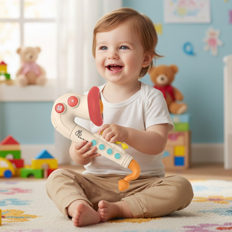 Orapple Funtunes Saxophone Musical Toy for Kids with Lights, 4 Play Modes, Built-in Melodies, Smart Auto Shut-Off & BIS Certified Safety (12+ Months) - Beige Multi