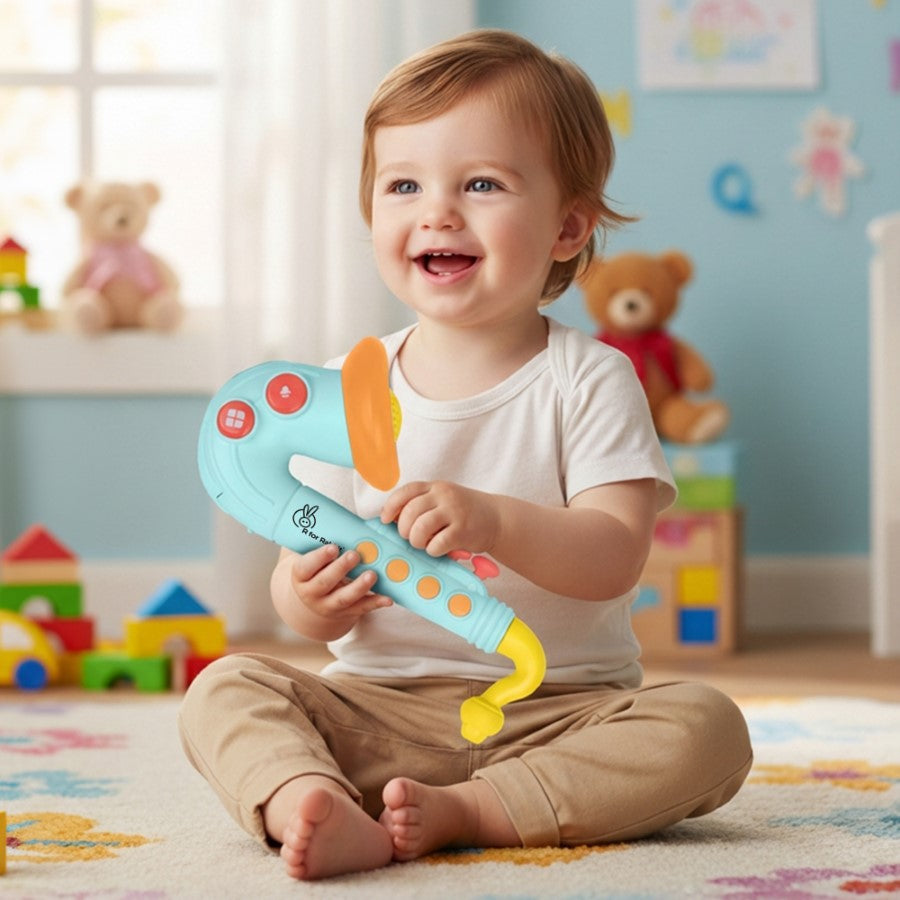 Orapple Funtunes Saxophone Musical Toy for Kids with Lights, 4 Play Modes, Built-in Melodies, Smart Auto Shut-Off & BIS Certified Safety (12+ Months) - Blue Multi