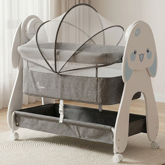 Lullabies Woodsy Bunny Smart Baby Cradle – 2-in-1 Auto Swing Cradle & Bedside Bassinet with Bluetooth Music, Timer, Plush Mattress, Mosquito Net & Storage Basket (0–18 Months)