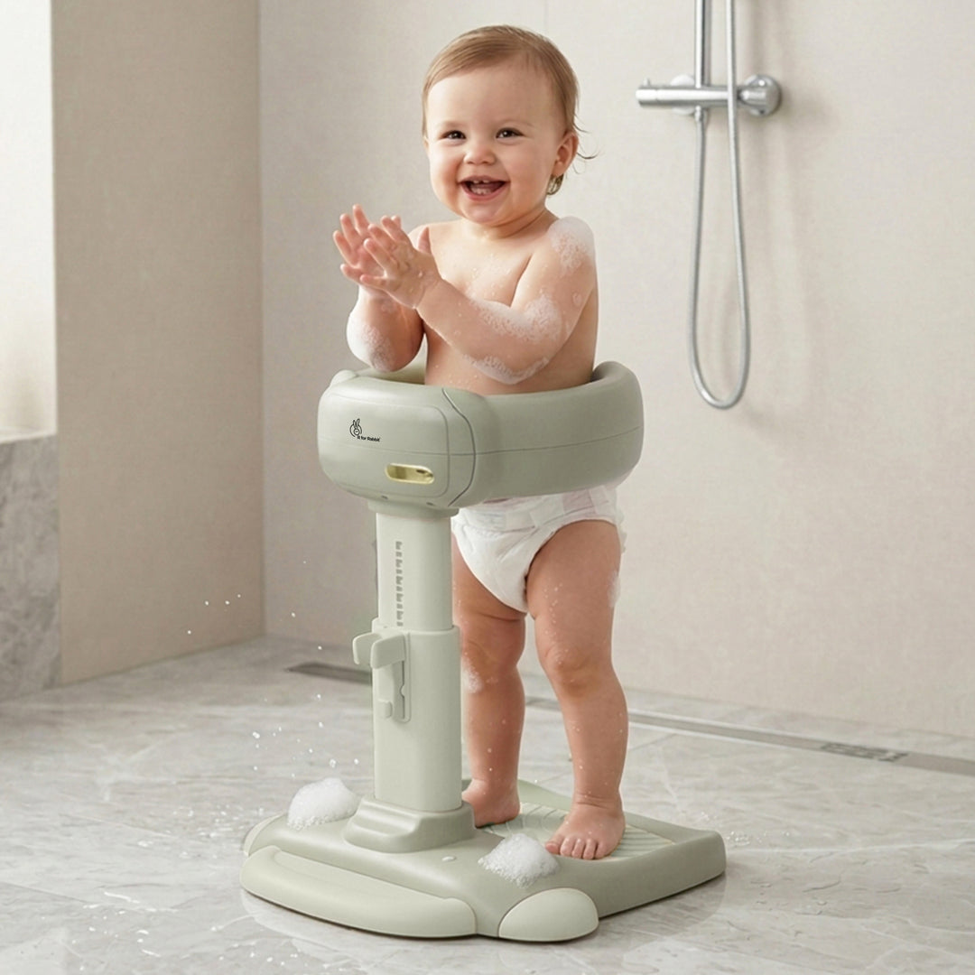 Fun Time Aqua Hug Kids Bath Stand, Wide Adjustable Handrail, Anti-Skid Base, Sturdy Triangular Frame, Built-In Shower Rack, Adjustable Height, Age 9–36 Months – Grecian Green
