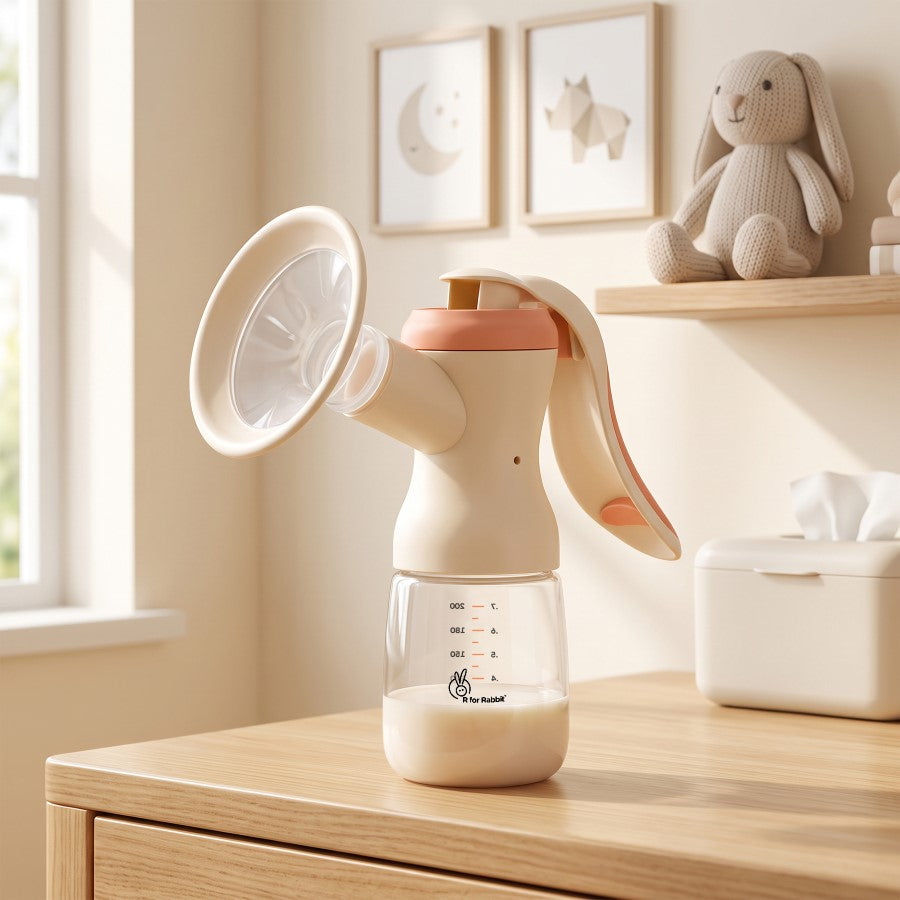 First Feed Comfy Manual Breast Pump with 106° Wide Angle Shield, 2 Adjustable Suction Modes & Anti Back Flow Design BPA Free - Apricot Orange