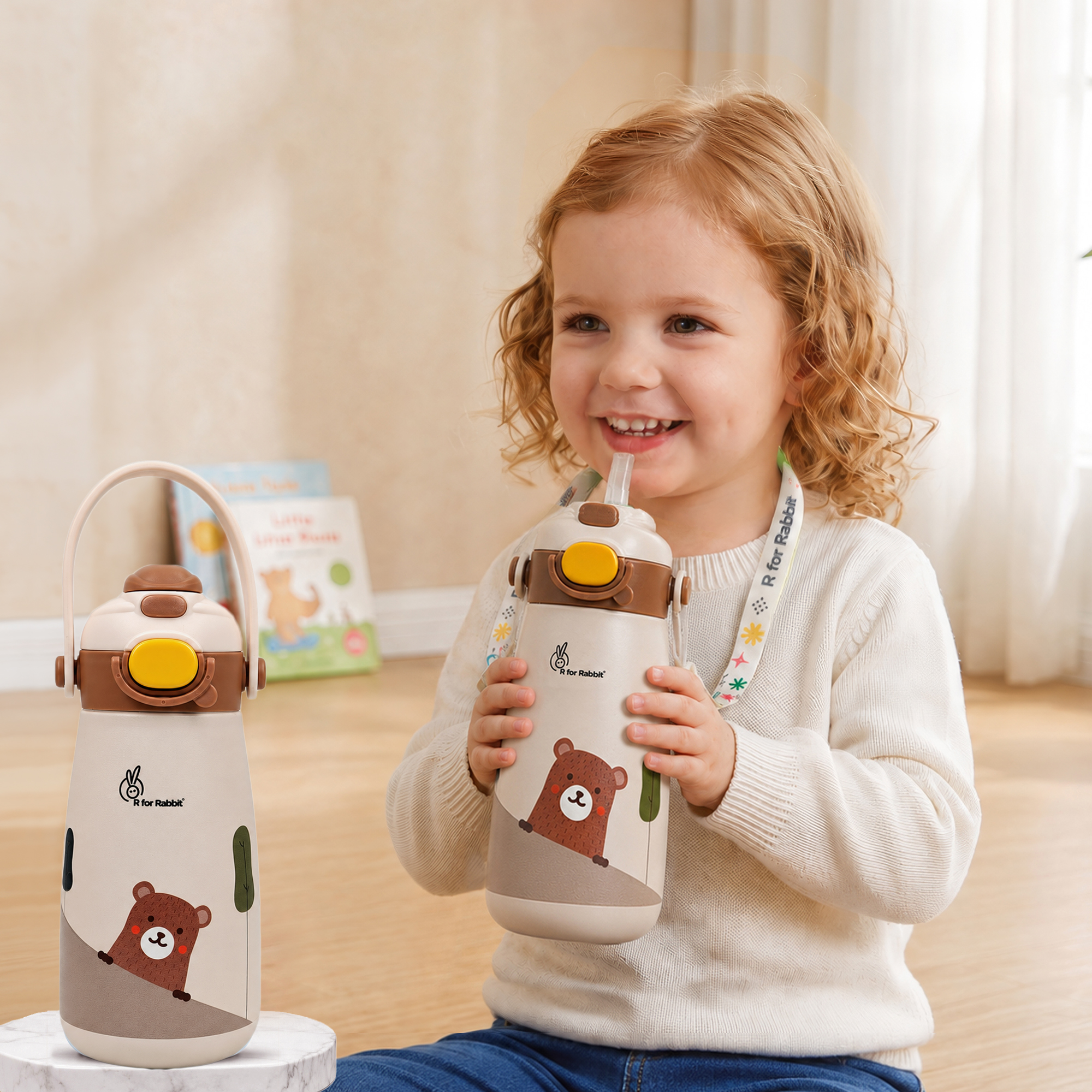 Steebo Duo 2-in-1 Stainless Steel Straw Sipper Bottle 500ml with Double Wall Insulation, Leak Proof Lockable Lid & Anti-Colic Design - Almond Cream