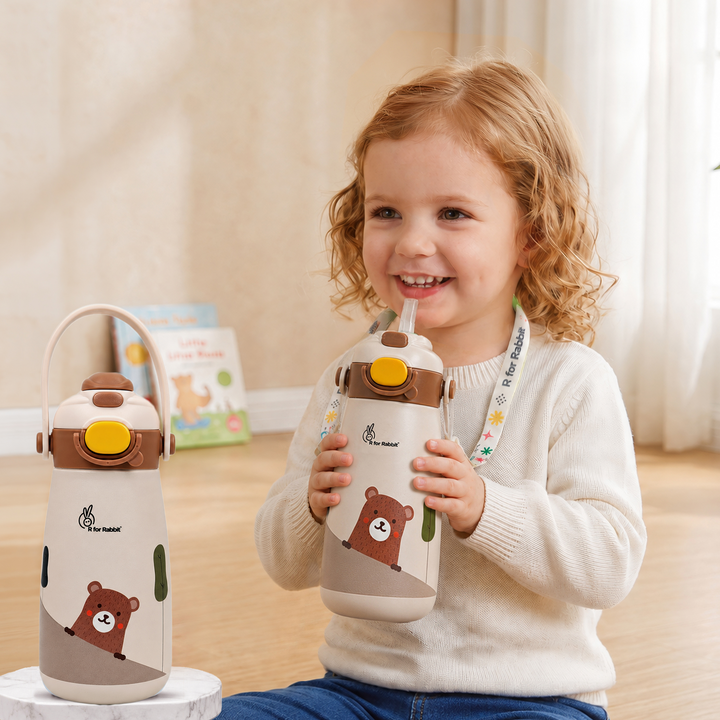 Steebo Duo 2-in-1 Stainless Steel Straw Sipper Bottle 500ml with Double Wall Insulation, Leak Proof Lockable Lid & Anti-Colic Design - Almond Cream
