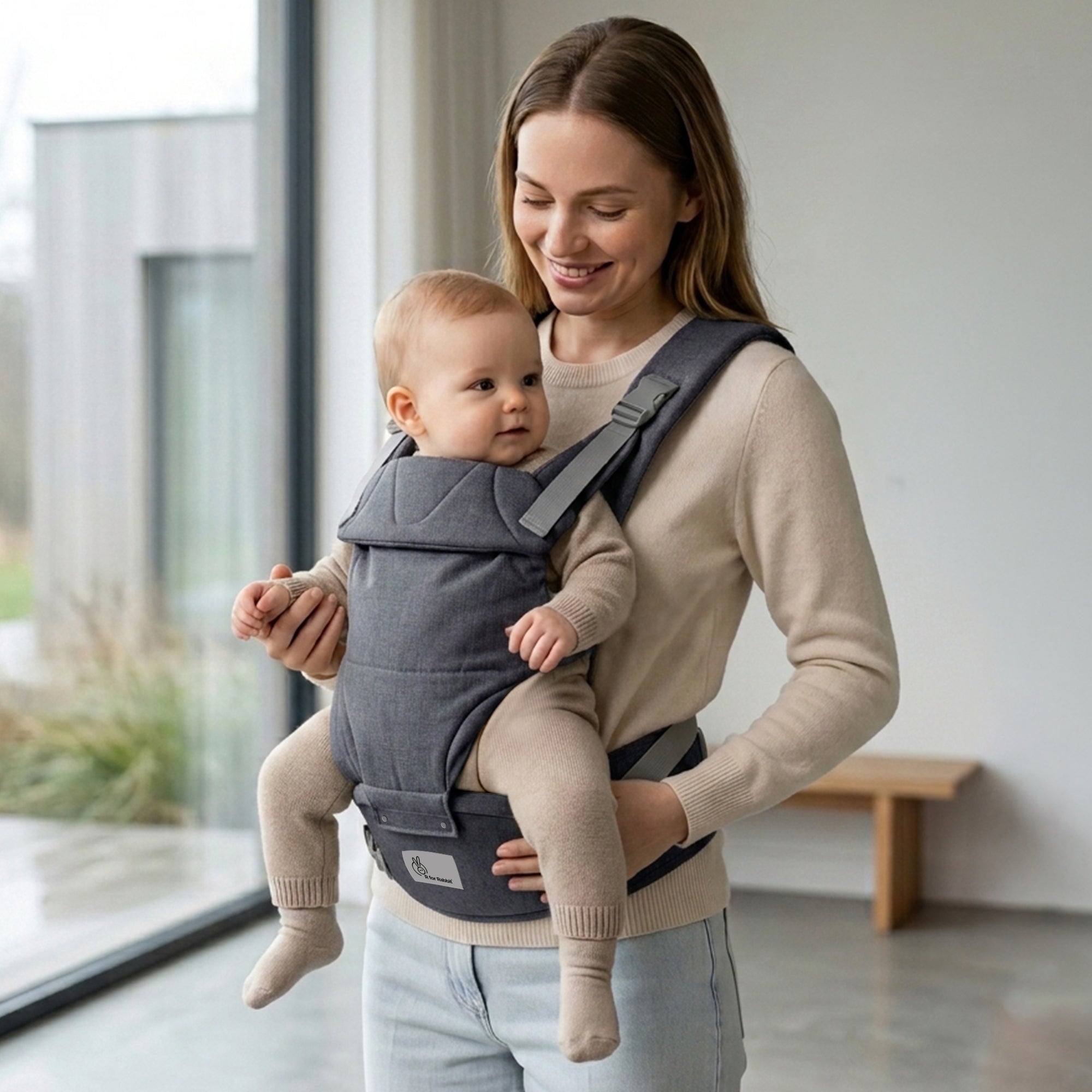 Solo Wrap Comfy 5-in-1 Baby Carrier with Detachable Hip Seat, X Back & Lumbar Support, Ergonomic M Position - Charcoal Grey