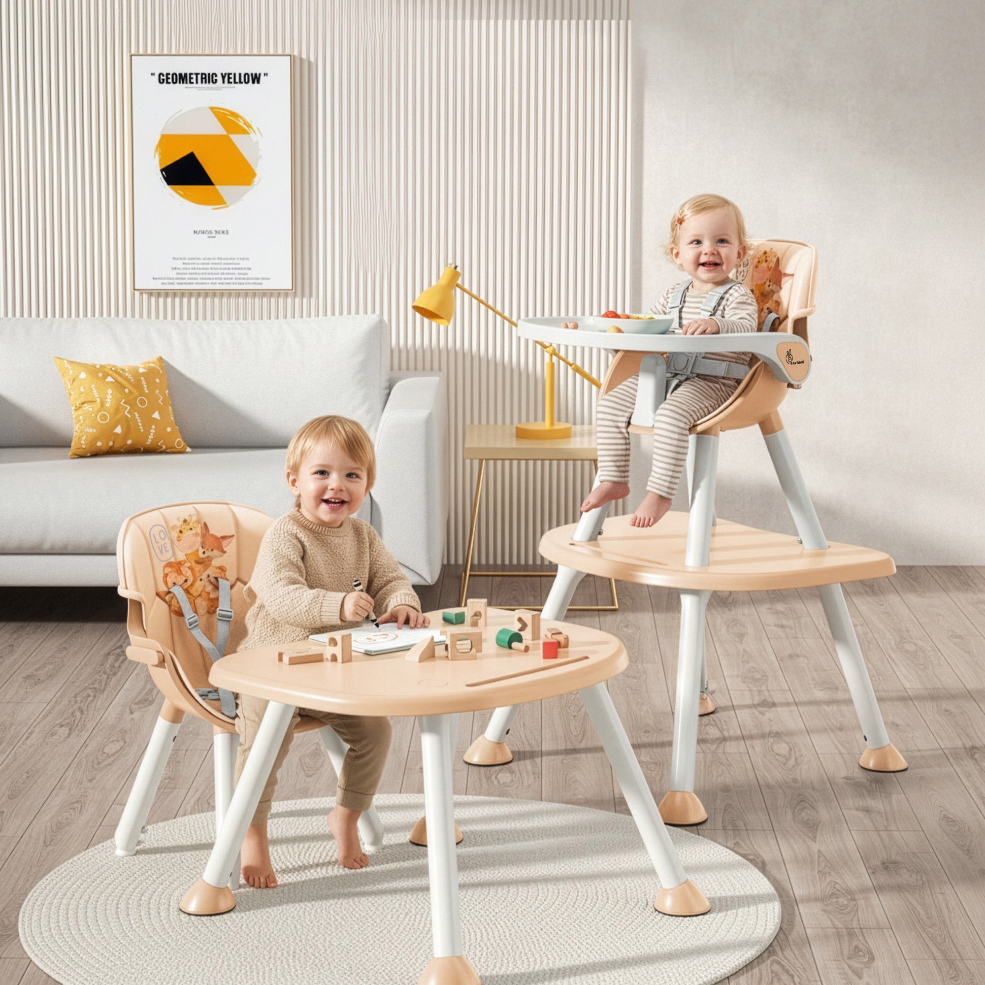 Cherry Berry Safari Baby High Chair, 3 in 1 Convertible High Chair Cum Kids Study Table - Beige