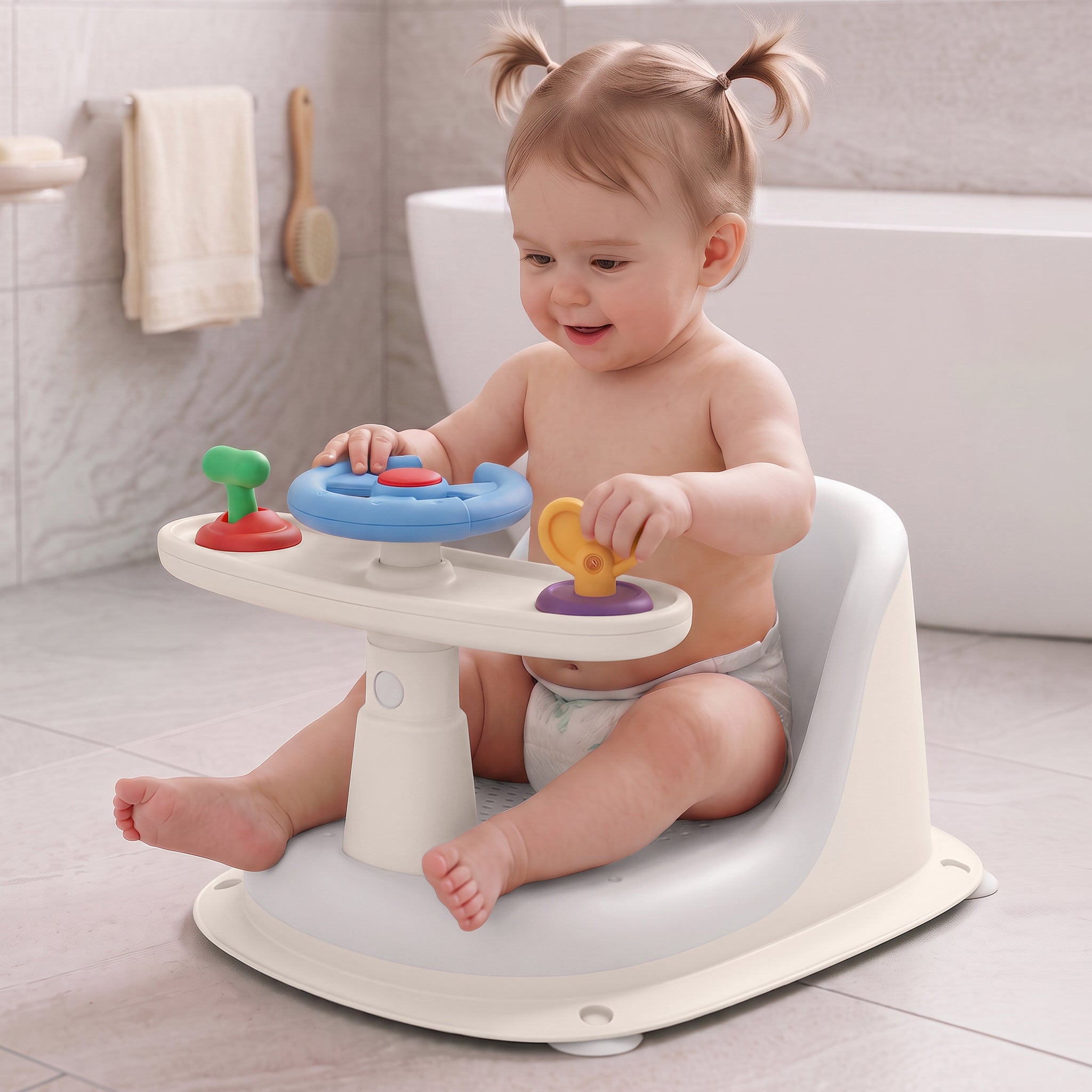 Fun Time Cozy 2 in 1 Baby Bath Seat, Ergonomic TPR Backrest, Quick Draining Mesh, Interactive Toy, Anti-Slip, Age 6+ Months – Grey Ivory