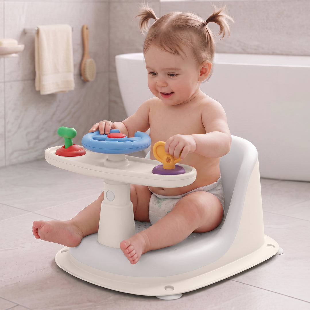 Fun Time Cozy 2 in 1 Baby Bath Seat, Ergonomic TPR Backrest, Quick Draining Mesh, Interactive Toy, Anti-Slip, Age 6+ Months – Grey Ivory