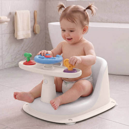 Fun Time Cozy 2 in 1 Baby Bath Seat, Ergonomic TPR Backrest, Quick Draining Mesh, Interactive Toy, Anti-Slip, Age 6+ Months – Grey Ivory