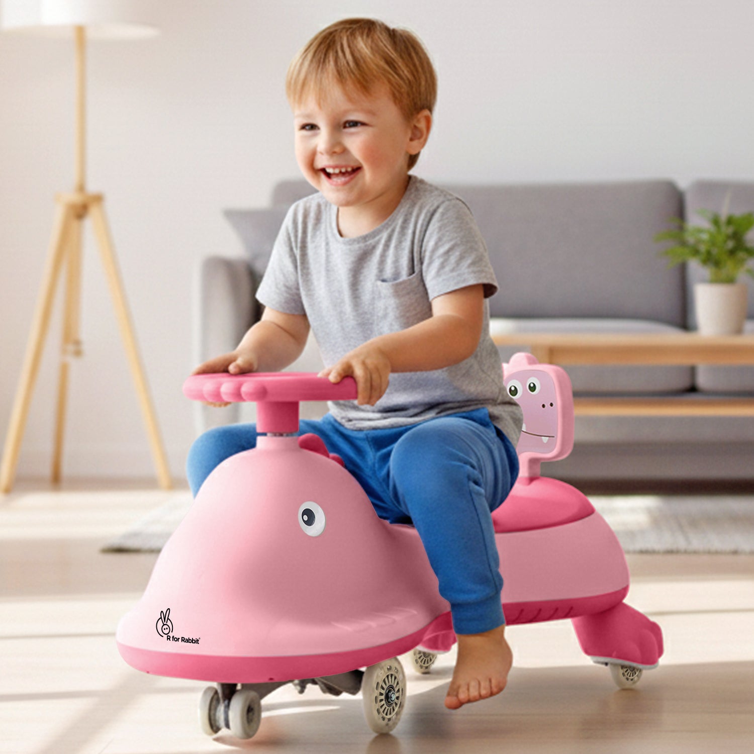 Iya Iya Dino Swing Car For Kids - Inbuilt Music With Light, PU LED Wheels, ABEC 7 Bearing, Up to 100 Kgs Capacity - Blush Pink