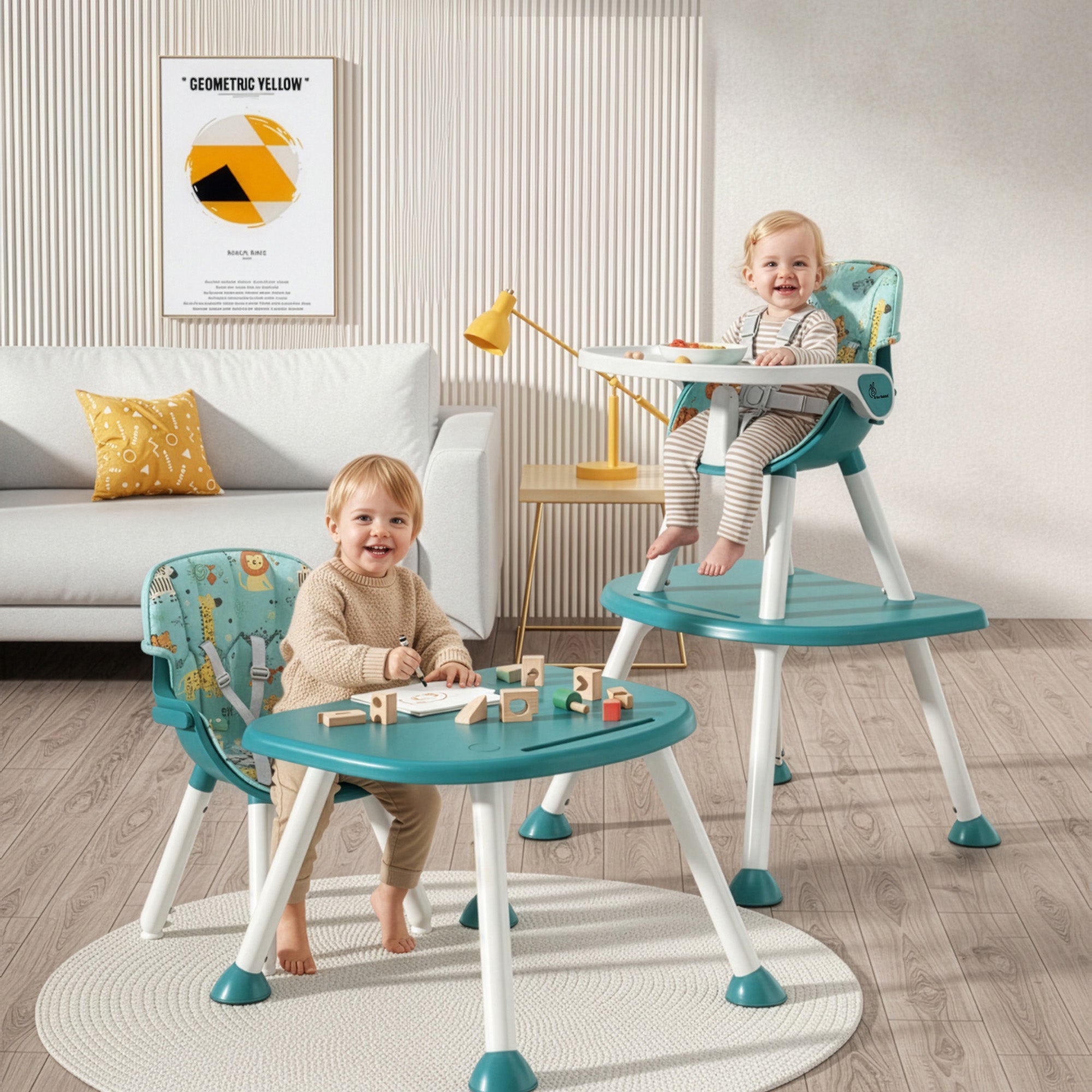 Cherry Berry Safari Baby High Chair, 3 in 1 Convertible High Chair Cum Kids Study Table - Lake Blue