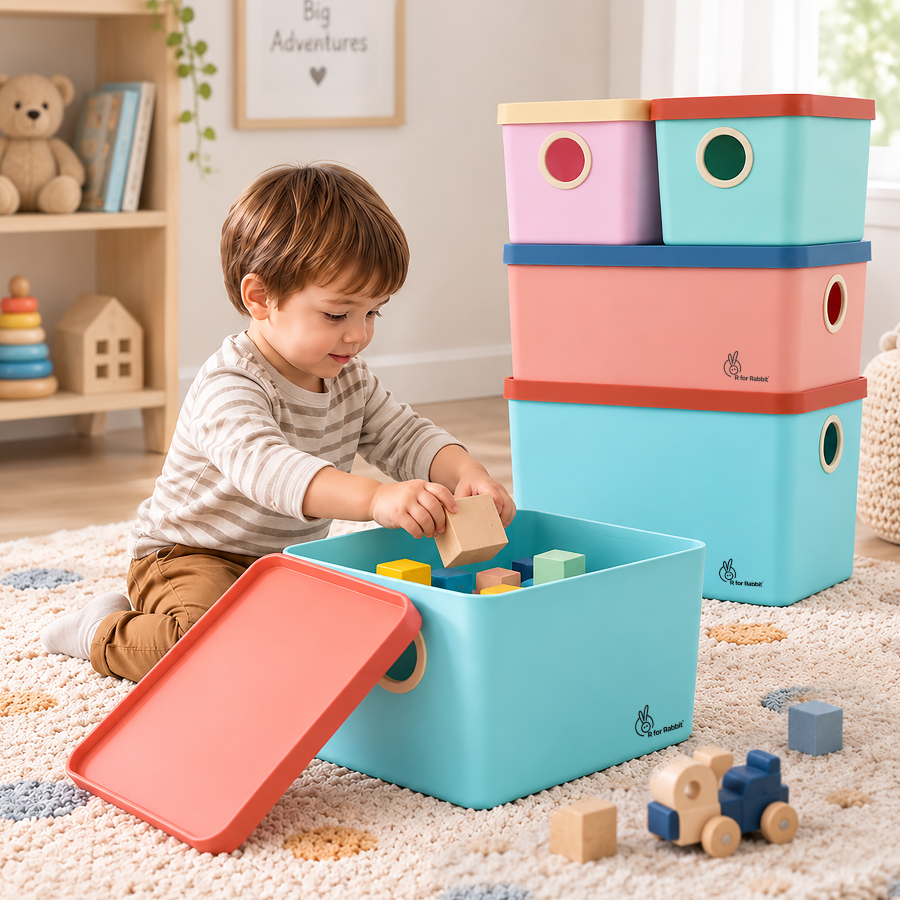 Kiddo Korner Multi Storage Organiser with Lid BPA Free PP Material Set of 4 - Aqua Multi