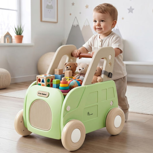 Kiddie Kart 4 in 1 Kids Toy Storage Cart, Sit & Ride, Push Walker & Pull Along, Adjustable Dual Height Handlebar, Quick Plug & Play, Age 0–3 Years – Green Beige