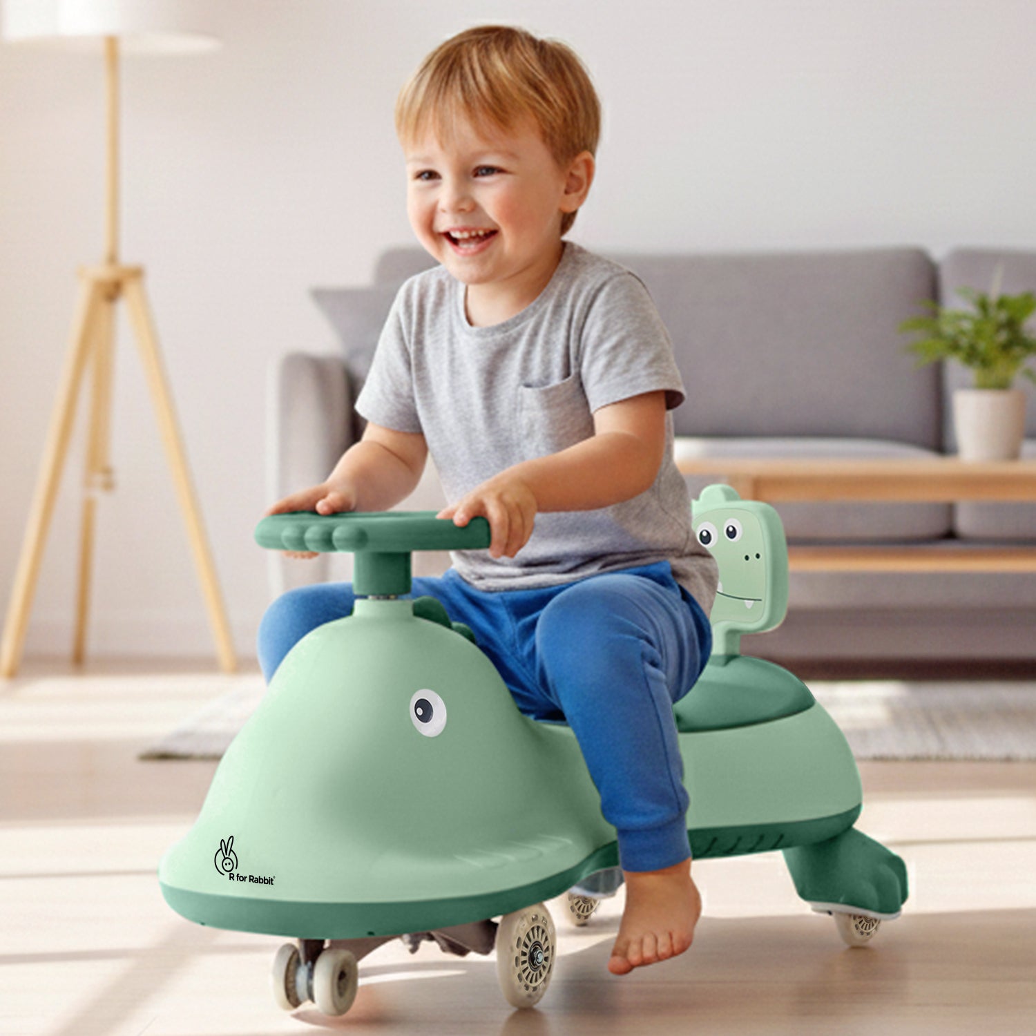 Iya Iya Dino Swing Car For Kids - Inbuilt Music With Light, PU LED Wheels, ABEC 7 Bearing, Up to 100 Kgs Capacity - Sea Green