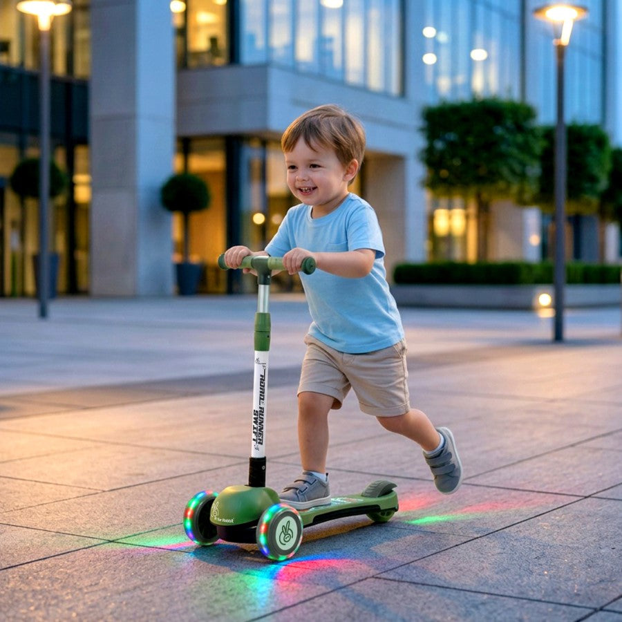Road Runner Swift Kids Scooter - 3 Level Height Adjustable, Foldable, LED PU Wheels with Gravity Steering - Military Green