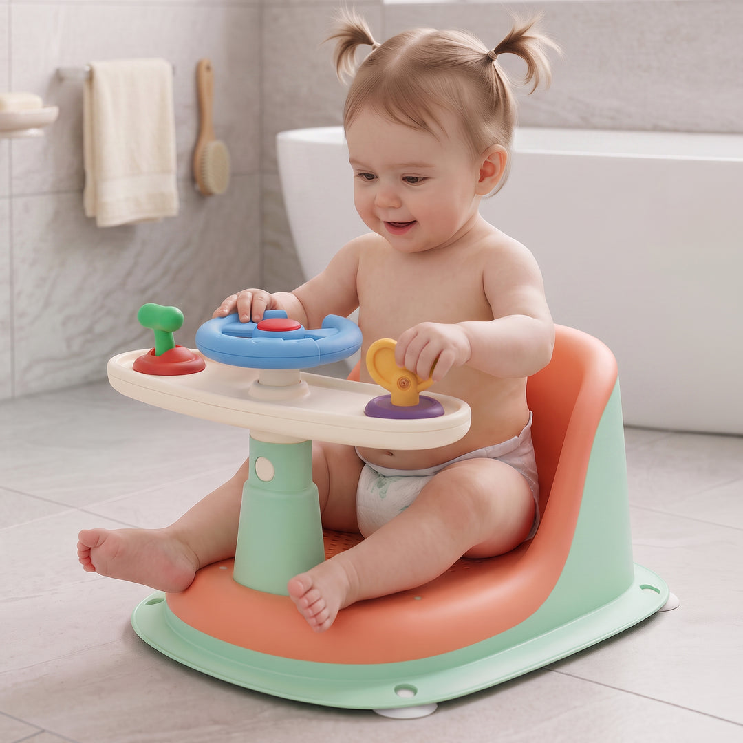 Fun Time Cozy 2 in 1 Baby Bath Seat, Ergonomic TPR Backrest, Quick Draining Mesh, Interactive Toy, Anti-Slip, Age 6+ Months – Peach Mint