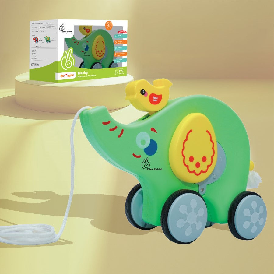 Orapple Trunky Fun & Safe Musical Pull-Along Toy for Toddlers - Green Yellow