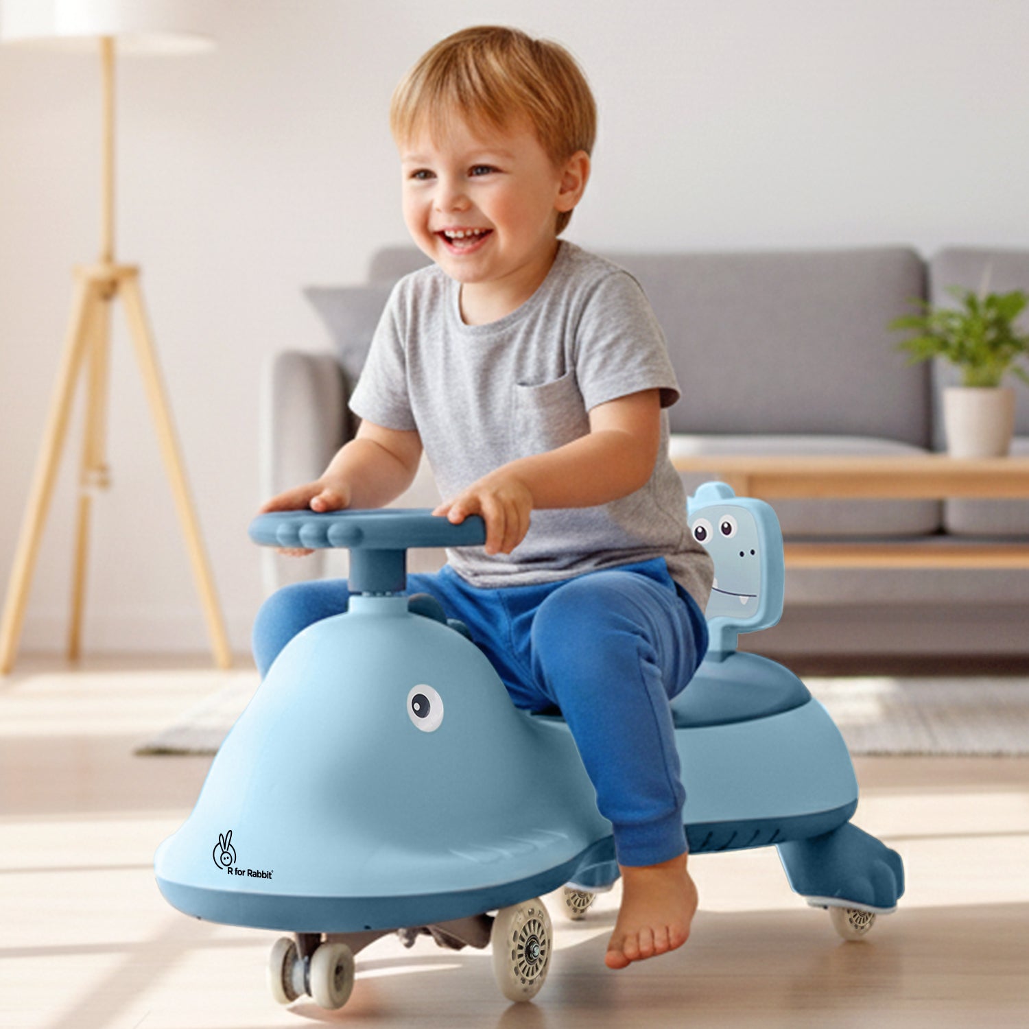 Iya Iya Dino Swing Car For Kids - Inbuilt Music With Light, PU LED Wheels, ABEC 7 Bearing, Up to 100 Kgs Capacity - Sky Blue