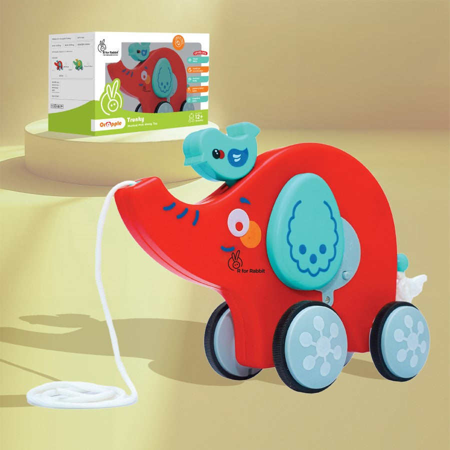 Orapple Trunky Fun & Safe Musical Pull-Along Toy for Toddlers - Red Blue