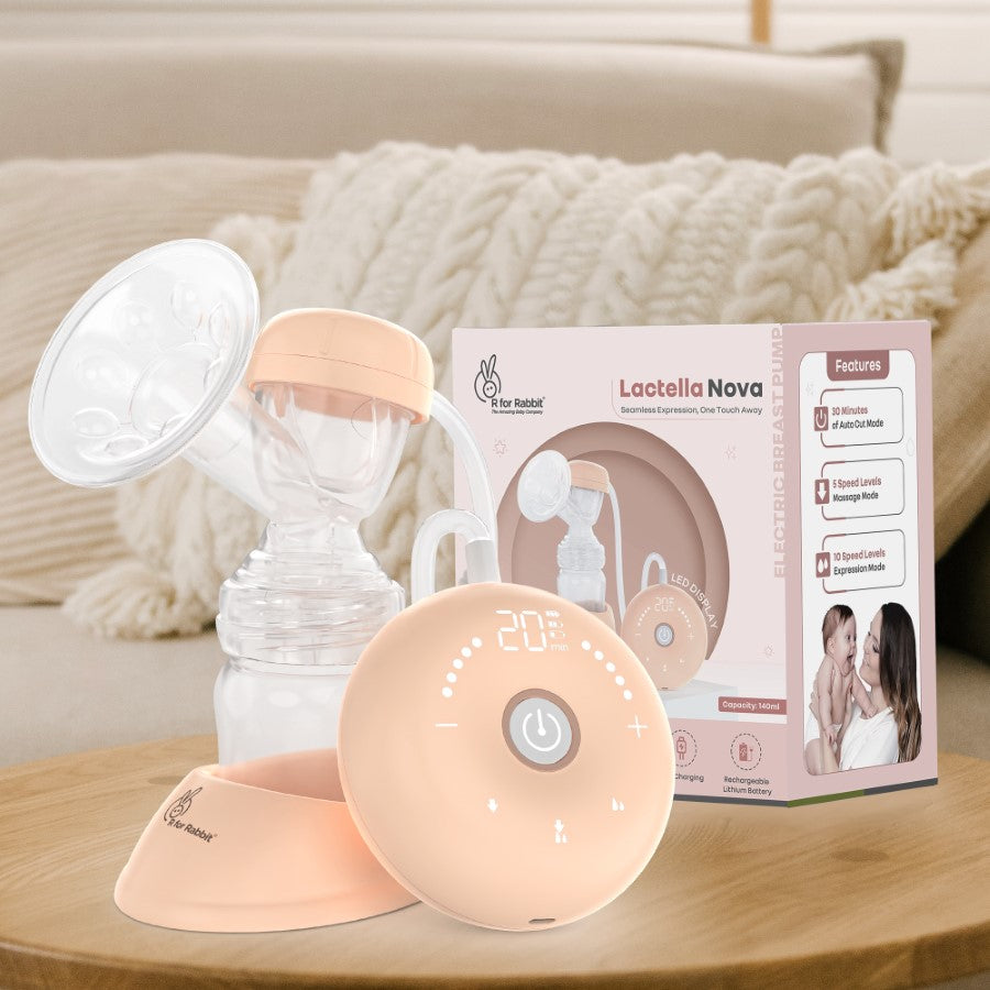 Lactella Nova breast pump on a wooden surface with packaging in the background