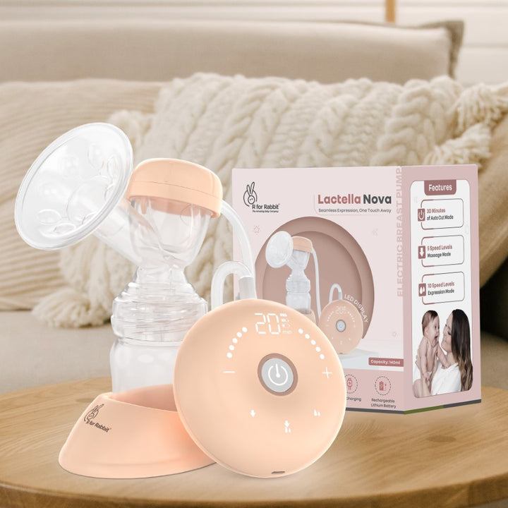Lactella Nova breast pump on a wooden surface with packaging in the background