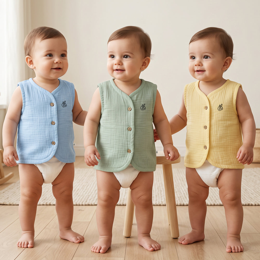 Pastelpops Multicolor Cotton Crinkle Front Open Vest Pack of 3 (Design A)