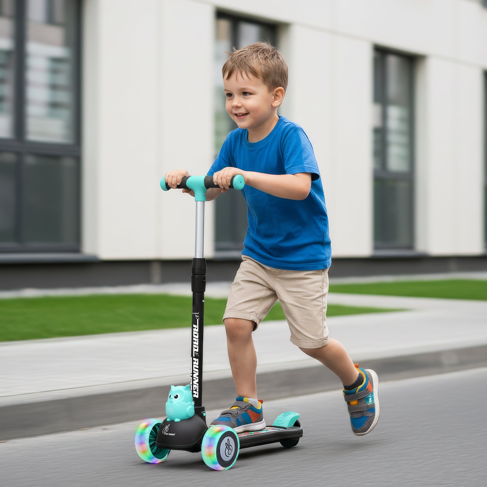 Road Runner Ryder Kids Scooter - PU LED wheels & Multi-Level Height Adjustment - Black Blue