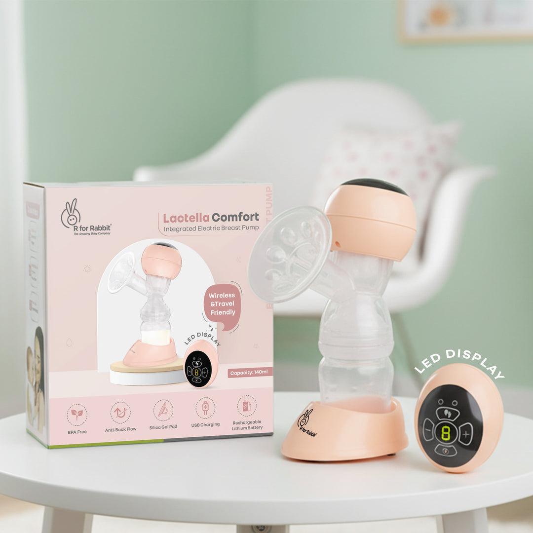 Lactelle Comfort breast pump with packaging on a table against a light green wall.