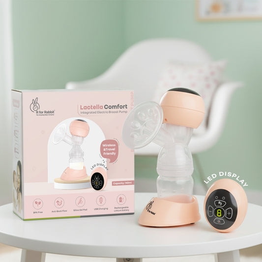 Lactelle Comfort breast pump with packaging on a table against a light green wall.