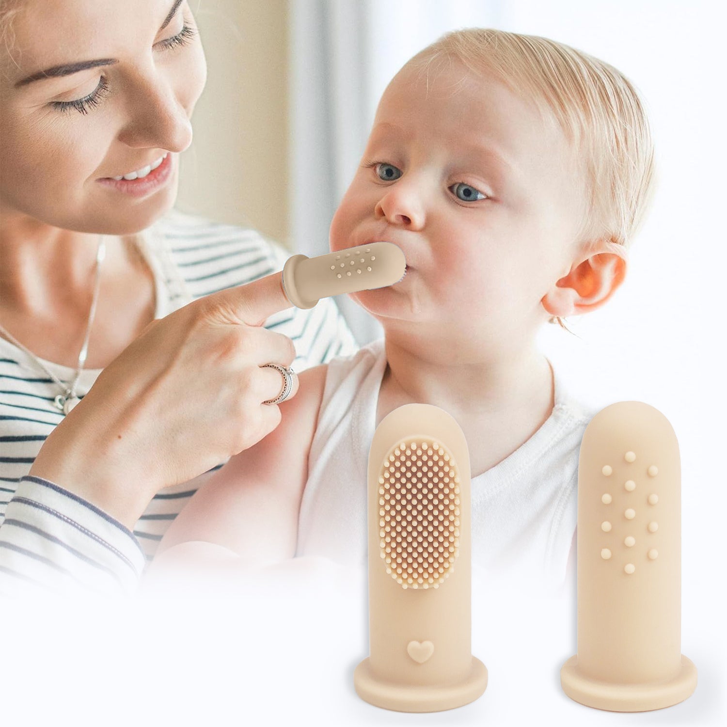 Tiny Smiles Gummy Baby Finger Brush, Food Grade Silicone Toothbrush, Gum Massager with Storage Case - Beige