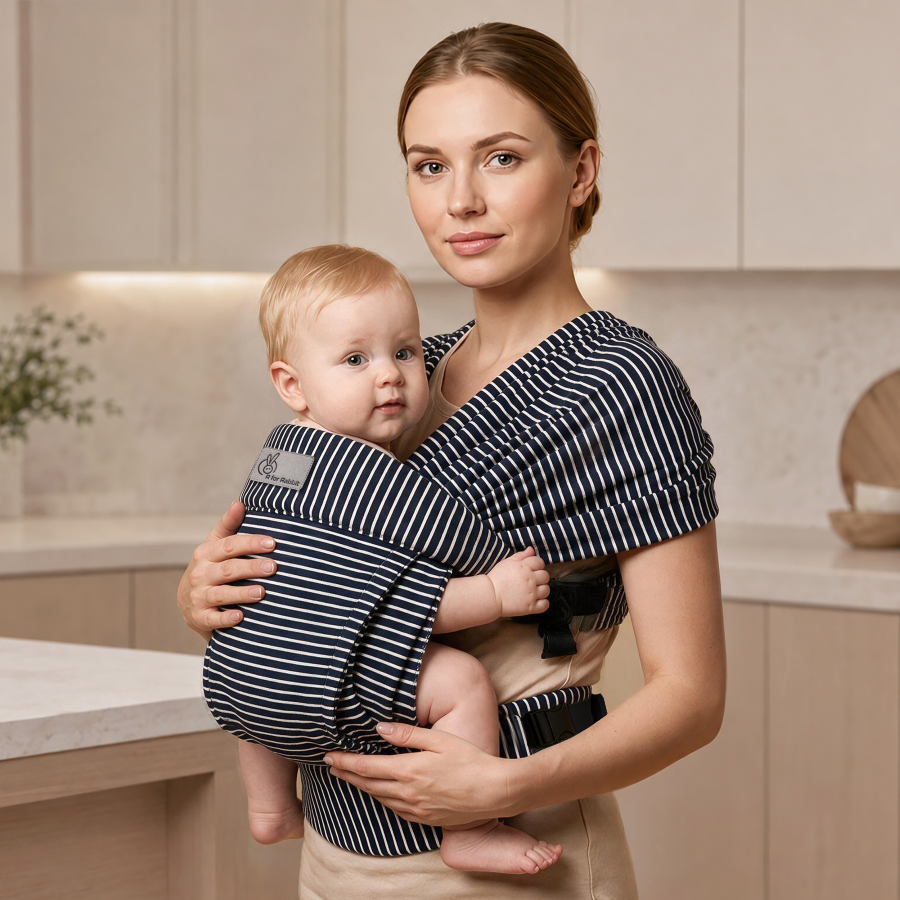 Solo Wrap Flexi Hands-Free Baby Carrier with Dual Carry Positions and 3-Point Support Design – Oxford Blue Stripes