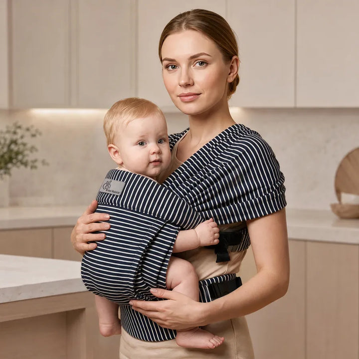 Solo Wrap Flexi Hands-Free Baby Carrier with Dual Carry Positions and 3-Point Support Design – Oxford Blue Stripes