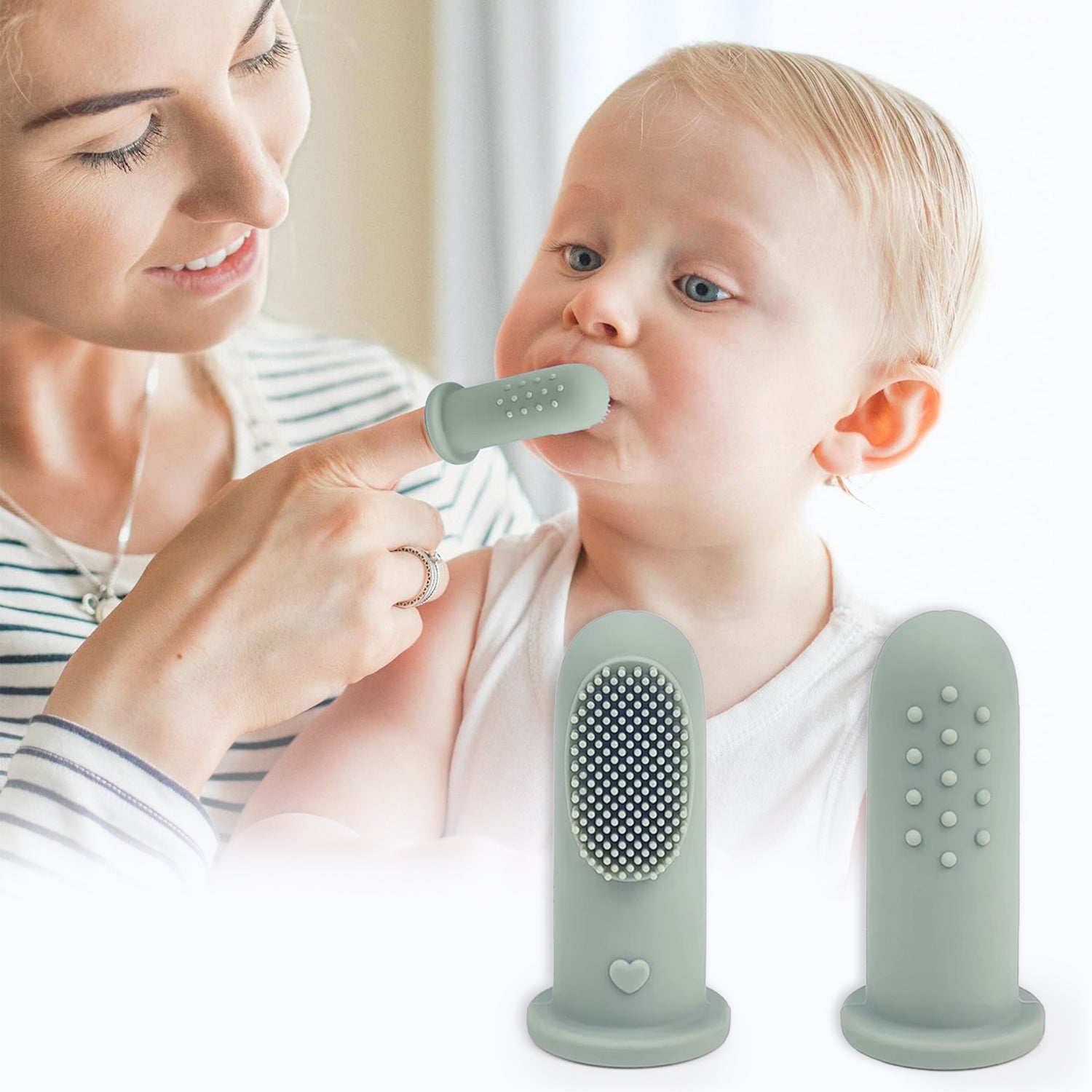 Tiny Smiles Gummy Baby Finger Brush, Food Grade Silicone Toothbrush, Gum Massager with Storage Case - Olive Green