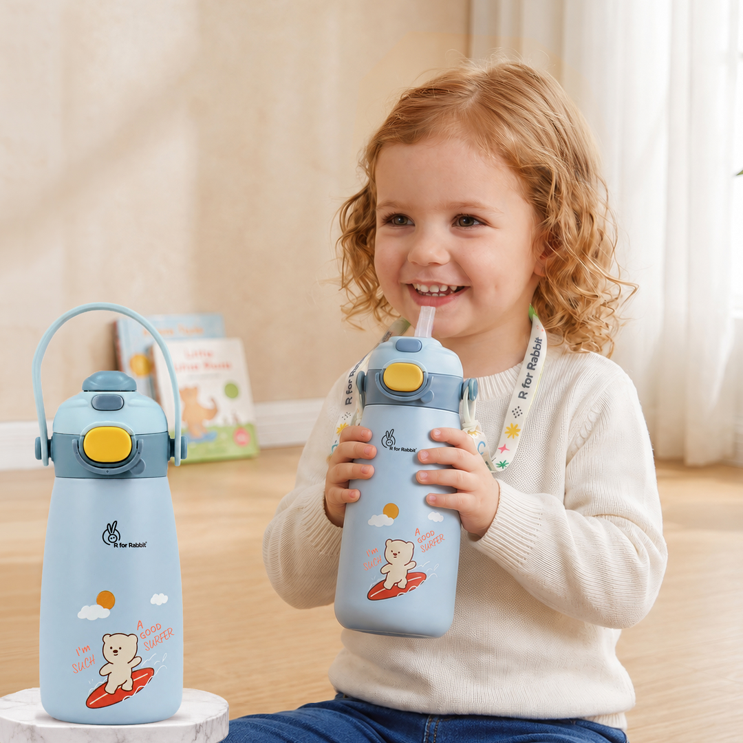 Steebo Duo 2-in-1 Stainless Steel Straw Sipper Bottle 500ml with Double Wall Insulation, Leak Proof Lockable Lid & Anti-Colic Design - Ice Blue
