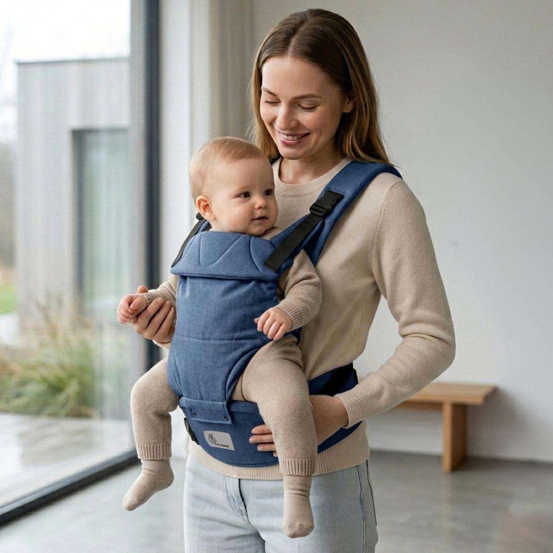 Solo Wrap Comfy 5-in-1 Baby Carrier with Detachable Hip Seat, X Back & Lumbar Support, Ergonomic M Position - Denim Blue