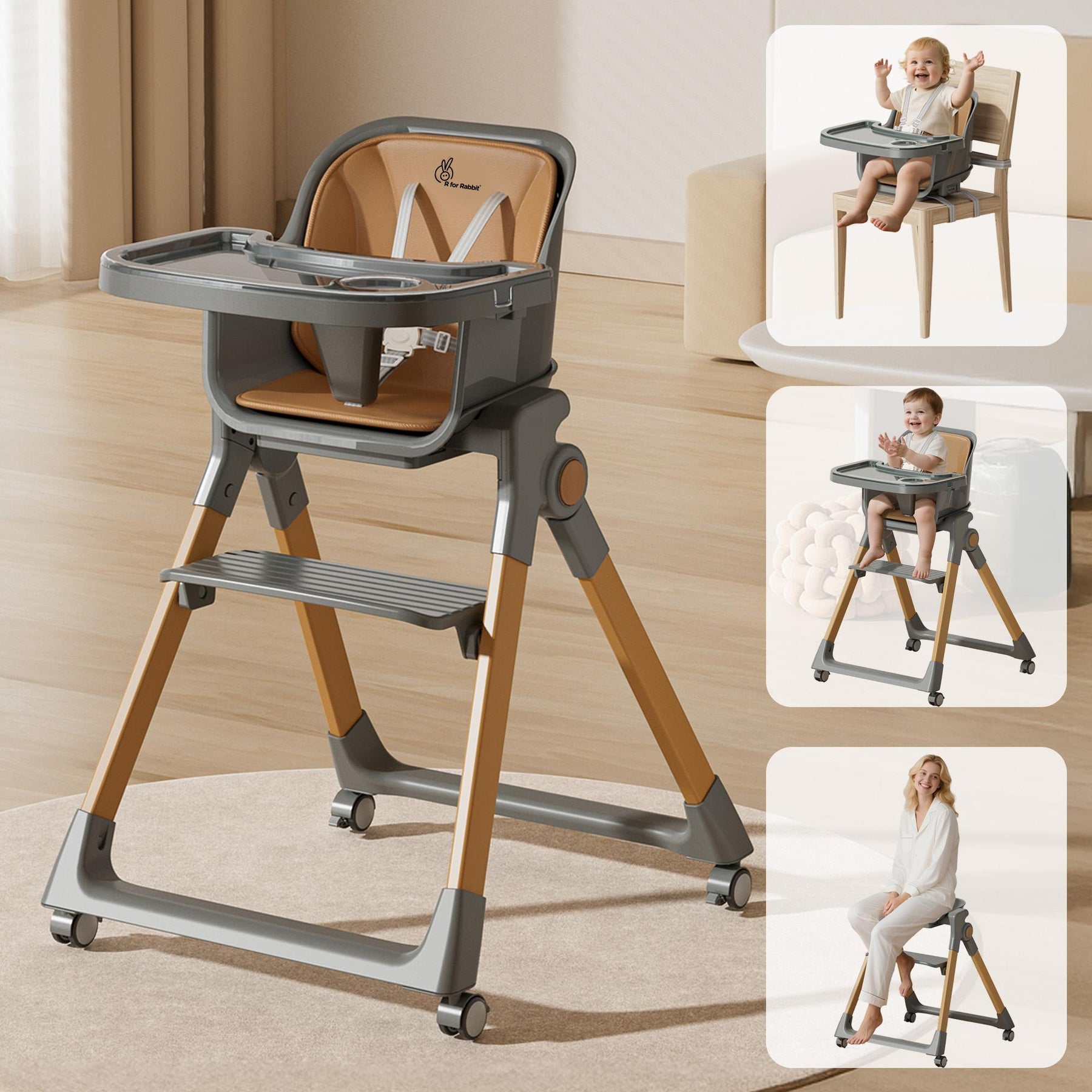 Booster Stool Walnut High Chair Dark Grey 3 in 1 with Booster Stool - R for Rabbit