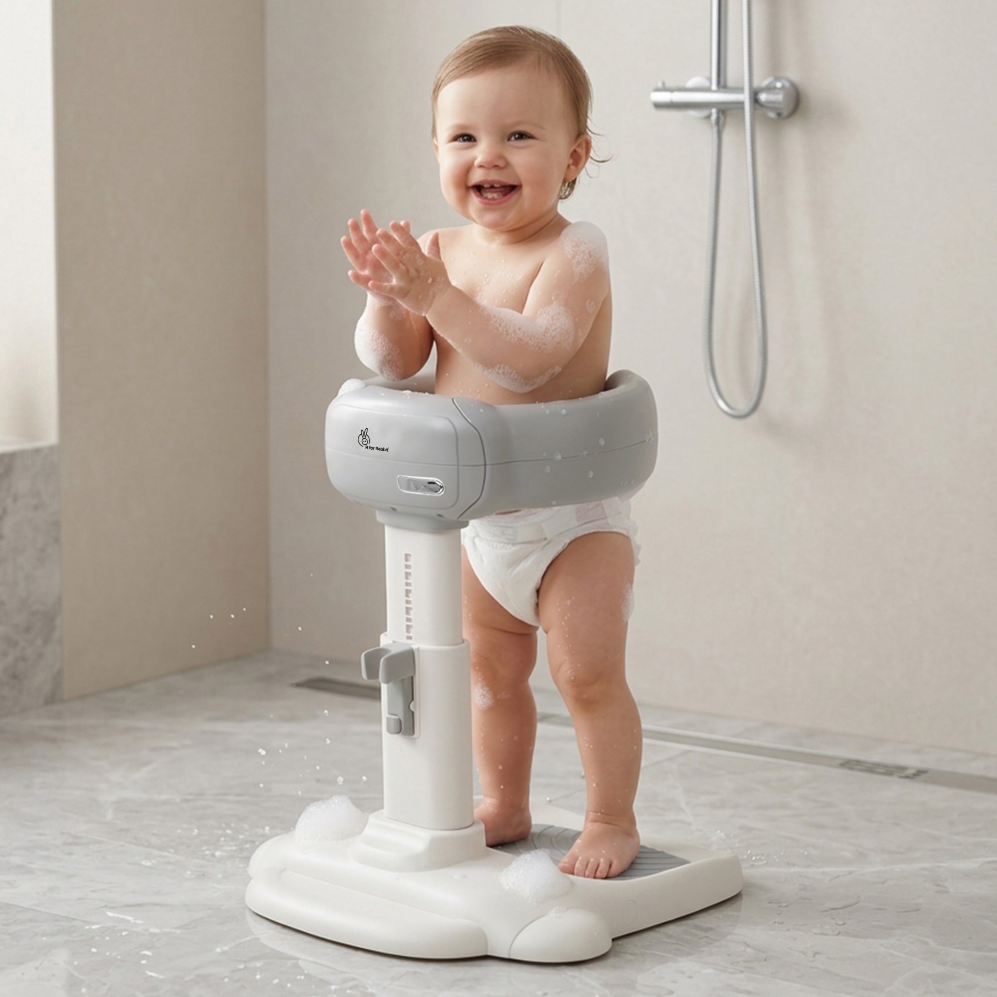 Fun Time Aqua Hug Kids Bath Stand, Wide Adjustable Handrail, Anti-Skid Base, Sturdy Triangular Frame, Built-In Shower Rack, Adjustable Height, Age 9–36 Months – Metallic Grey