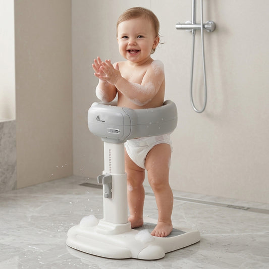 Fun Time Aqua Hug Kids Bath Stand, Wide Adjustable Handrail, Anti-Skid Base, Sturdy Triangular Frame, Built-In Shower Rack, Adjustable Height, Age 9–36 Months – Metallic Grey