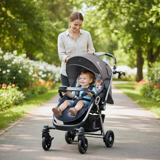Chocolate Ride Baby Stroller With Personalized Name Plate - Grey Safari