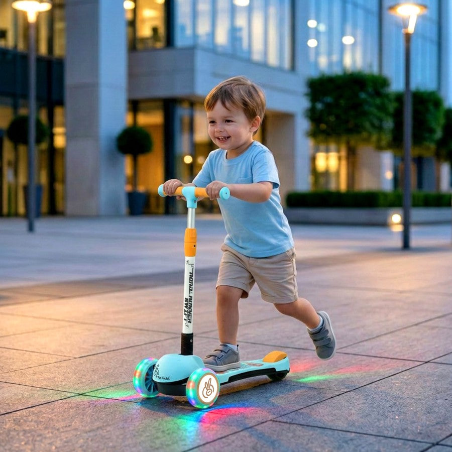 Road Runner Swift Kids Scooter - 3 Level Height Adjustable, Foldable, LED PU Wheels with Gravity Steering - Blue Orange