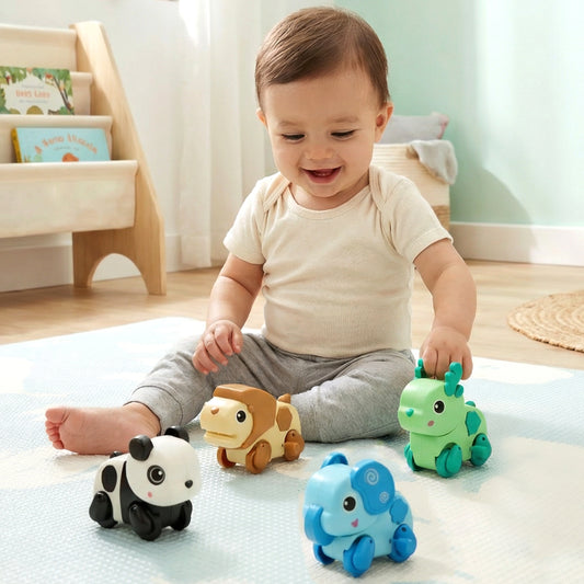 Orapple Safari - Set of 4 Windup Animal Toys for Babies (Panda, Lion, Elephant, Deer)