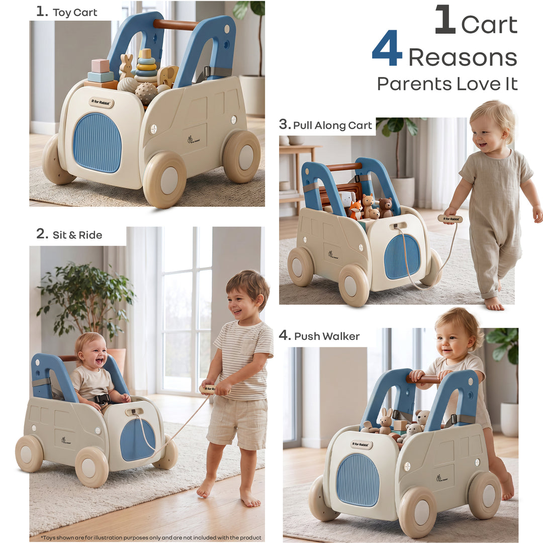 Kiddie Kart 4 in 1 Kids Toy Storage Cart, Sit & Ride, Push Walker & Pull Along, Adjustable Dual Height Handlebar, Quick Plug & Play, Age 0–3 Years – Grey Blue