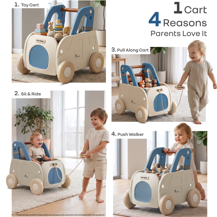 Kiddie Kart 4 in 1 Kids Toy Storage Cart, Sit & Ride, Push Walker & Pull Along, Adjustable Dual Height Handlebar, Quick Plug & Play, Age 0–3 Years – Grey Blue