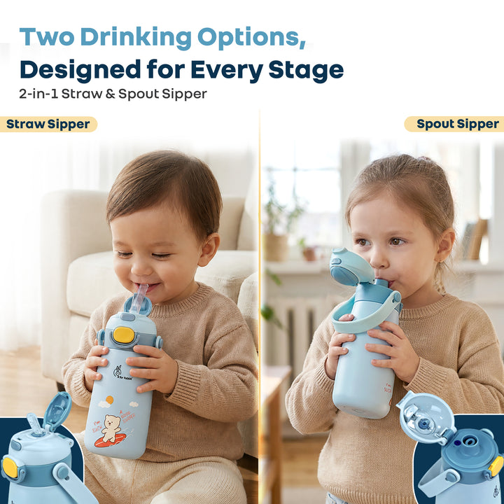 Steebo Duo 2-in-1 Stainless Steel Straw Sipper Bottle 500ml with Double Wall Insulation, Leak Proof Lockable Lid & Anti-Colic Design - Ice Blue