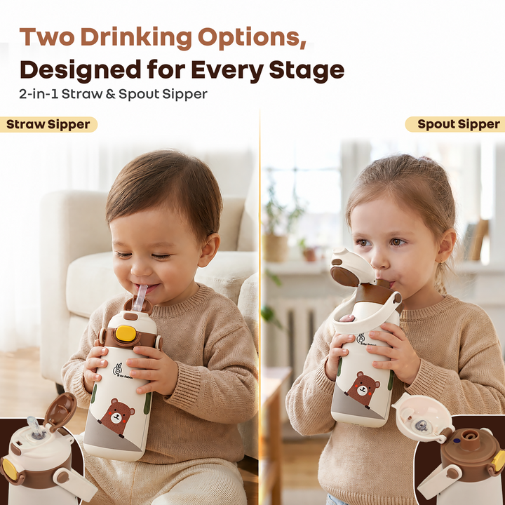 Steebo Duo 2-in-1 Stainless Steel Straw Sipper Bottle 500ml with Double Wall Insulation, Leak Proof Lockable Lid & Anti-Colic Design - Almond Cream