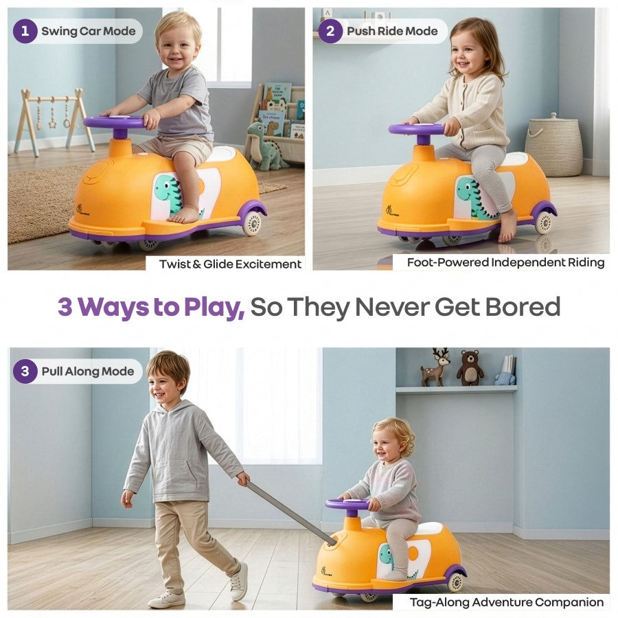 Iya Iya Poppy 3 in 1 Kids Ride On Swing Car, Push Ride & Pull Along, Stable Triangular Structure, Inbuilt Toy Compartment Age 2+ Years - Orange Purple