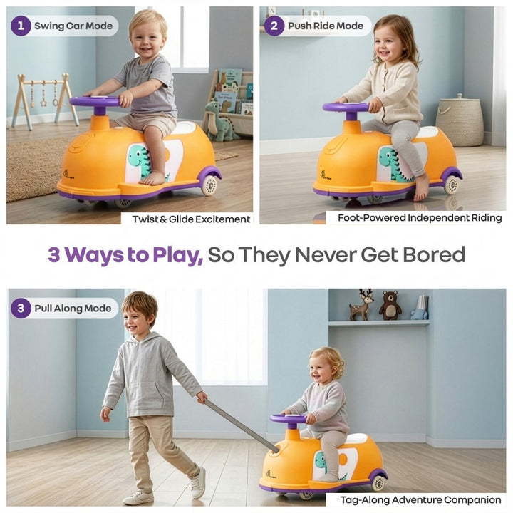 Iya Iya Poppy 3 in 1 Kids Ride On Swing Car, Push Ride & Pull Along, Stable Triangular Structure, Inbuilt Toy Compartment Age 2+ Years - Orange Purple