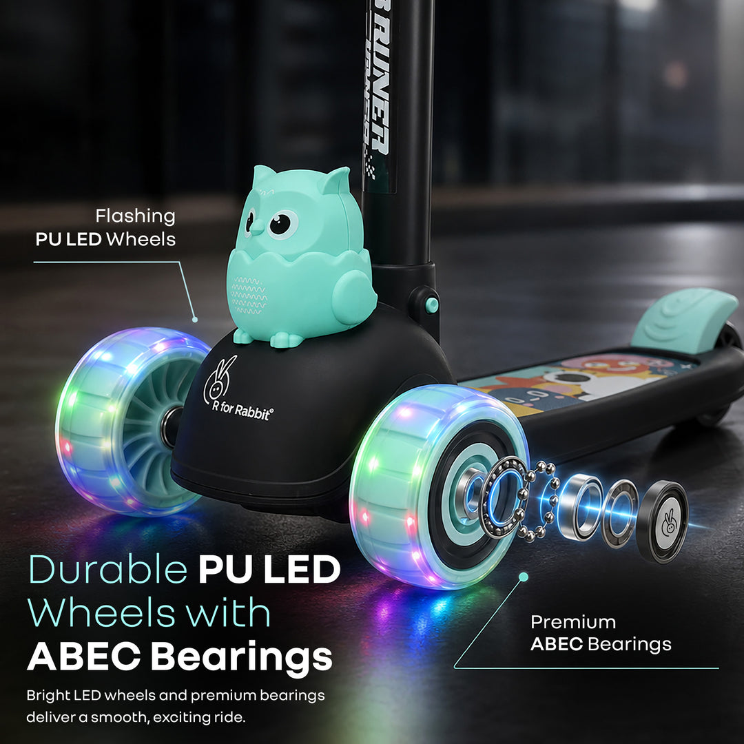 Road Runner Ryder Kids Scooter - PU LED wheels & Multi-Level Height Adjustment - Black Blue