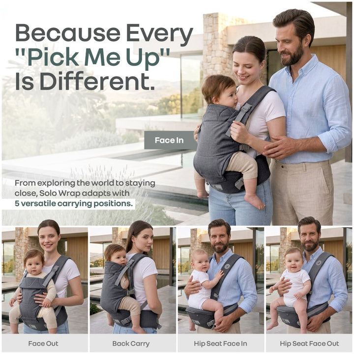 Solo Wrap Comfy 5-in-1 Baby Carrier with Detachable Hip Seat, X Back & Lumbar Support, Ergonomic M Position - Charcoal Grey