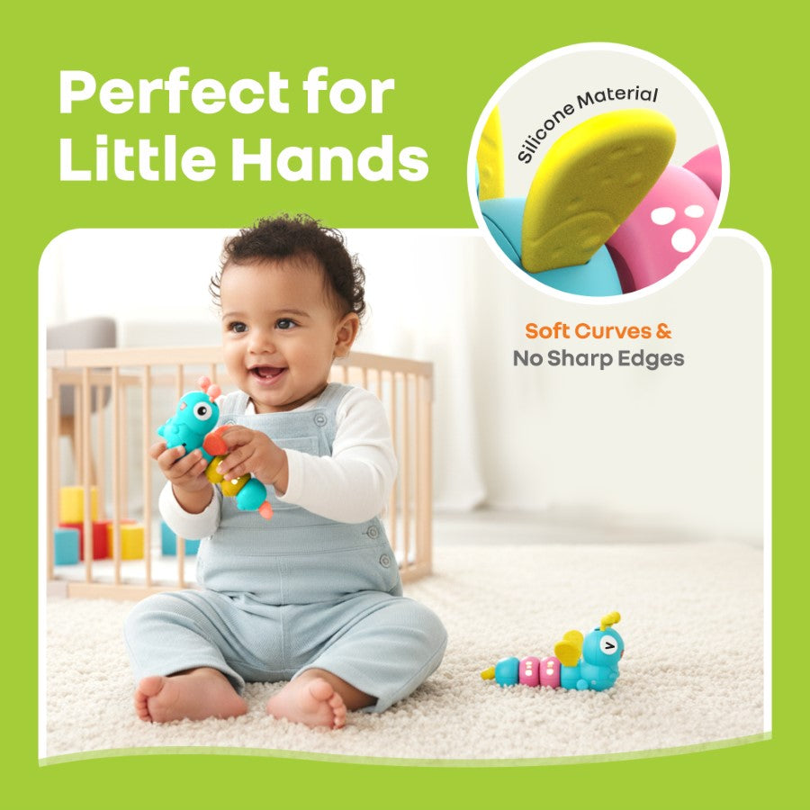 Baby playing with colorful toys on a carpeted floor, with a green background and text about toy material.